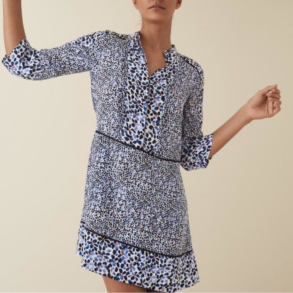 Reiss Blue Multi-Print Long-Sleeve Shift Dress